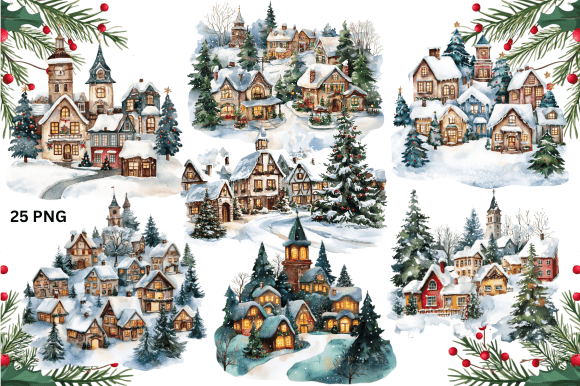Download Christmas Village Watercolor Bundle - Watercolor bundle Collection