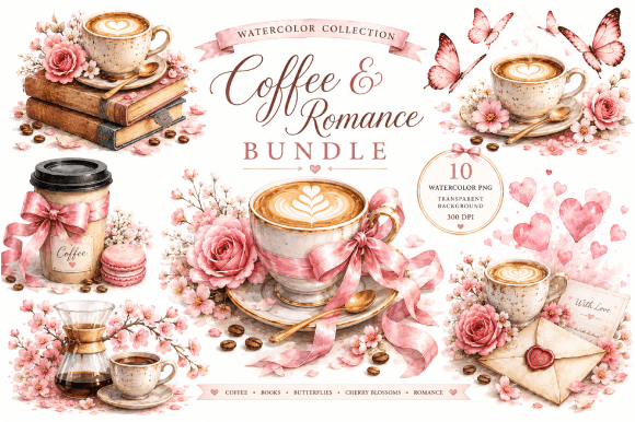 Download Coffee &amp; Romance Watercolor Bundle - Watercolor bundle Collection